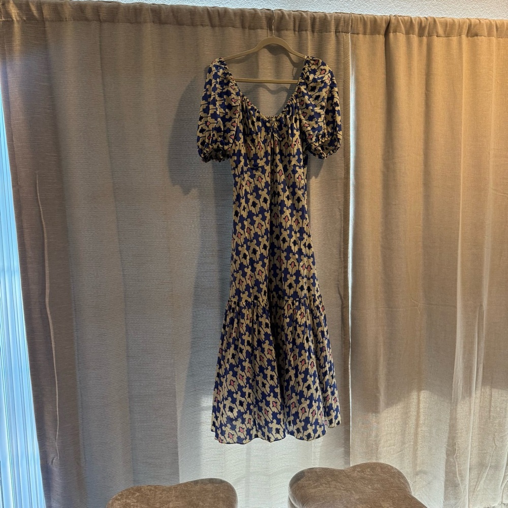 Zara Blue and Cream Floral Midi Dress